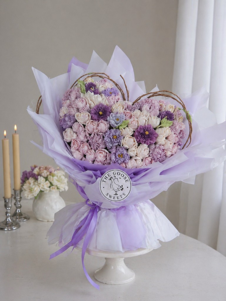 Pastel marshmallow bouquets with The Goose Coffee logo